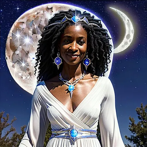 Prompt: (Hyperrealistic highly detailed sharp full body photography of a mature ebonian sorceress princess casting minor spells)
Strong-willed, confident, amused. White lunar headband. Clear sky. Midday. Outside. Moon. White staff with crystal.
Dark. Moonlight.