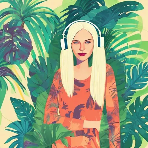 Prompt: Chic Norwegian female DJ. She has straight hair. Headphones. She is in  a modern house with tropical plans. Illustration.