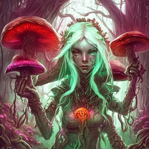 Prompt: Mysterious adventurer female druid of mushroom spores, detailed character portrait, dark fantasy vibe, creative dnd character ideas, lots of mushroom glow, grim dark, anxiety, light dress