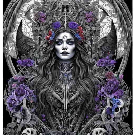 Prompt: ultra realistic coloring page goddess of death with raven face sitting on throne made out of skulls, surrounded by dark blue and red butterfly's in art nouveau plus digital art style

