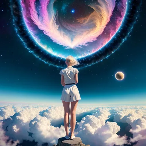 Prompt: vast scenic view,

looking from behind and above, high angle view, symmetrical

masterpiece best quality hyperdetailed, a girl looking out into the the heart of a supernova while walking on clouds, comets crossing the universe leaving clouds of dust, detailed white angel, with wings sprouting from her back, detailed short blonde hair in wind,

masterpiece best quality hyperdetailed intricate megastructure landscape,

precise brush strokes, precise brush outlines,

digital contrast symmetrical impressionist painting,

album cover art, wallpaper art, anime art, clean art, digital art, 64K resolution, illustration, vintage show promotional poster, vibrant, panoramic, cinematic,
