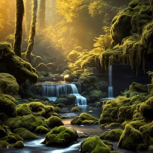 Prompt: river, waterfall, daytime forest background, mossy rocks, rule of thirds, golden hour, golden ratio, Contre-jour, long exposure, Hyperrealism, lightshafts, soft dramatic lighting, ultra high quality octane render, trending on artstation, sublime. hypermaximalist.