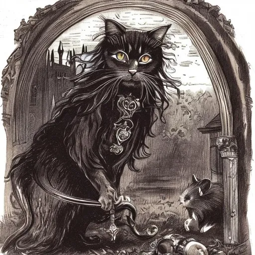 Prompt: Long haired cat in gothic setting hunting a mouse