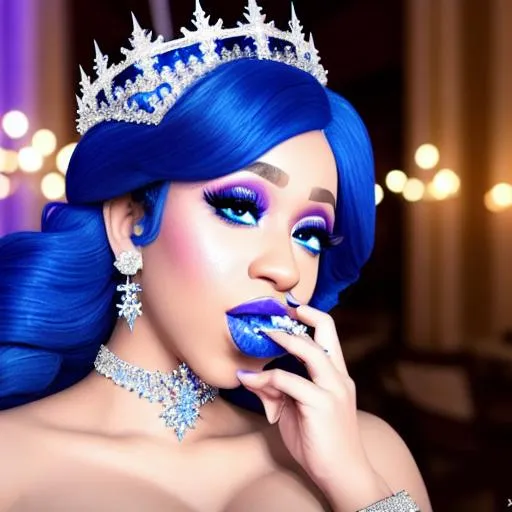 Prompt: Ice Queen Cardi B, Elsa eating blue ice cream in winter palace, blue lipstick, city skyline, windy and snowing, blue heart necklaces, Large frozen Ball Gown, pleasant face, blue eyes, Black-purple eyeshadow, Sugar Hat, extremely large ice earrings. Cold color scheme, ultradetailed, 8k resolution, perfect, smooth, high quality, shiny. 