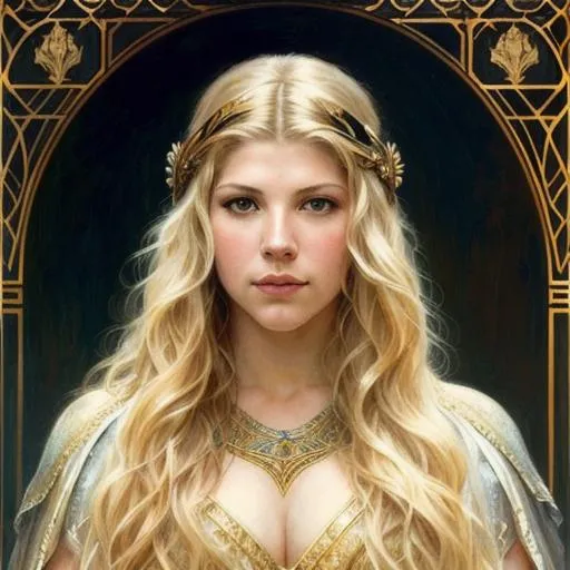 Prompt: Please produce a painted portrait of Katheryn Winnick from the serie Vikings, intricate, elegant, highly detailed, digital painting, artstation, concept art, smooth, sharp focus, illustration, art by gaston bussiere and alphonse mucha 