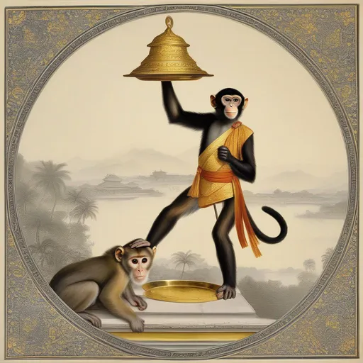 Prompt: A Monkey Servant holding a golden plate over his head. long tail, 