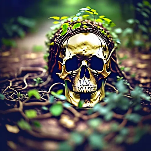 Prompt: Skull with gold crown laying on the ground with vines growing through it