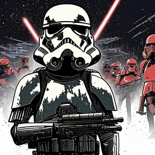 Prompt: Make a sketched phonk style art of a  Star Wars death trooper marching with other troopers in a base on Endor use the web for reference minus the phonk part but then make it into a phonk sketched style. Add more imperial Star Wars imperial base Background.
