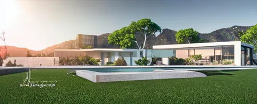 Prompt: modernhouse exterior design, against backdrop of mountains, pool in garden, beverly hills, ultra-detailed, ultra-realistic, unreal engine style, raytrace, 10k, cinematic, volumetric lights,