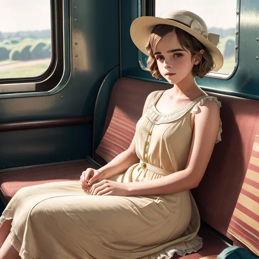 Prompt: old time photo of young emma Watson, dressed with 1920s very short hair, wearing a summer hat, long, flowing, spring dress, sitting on train, raw photo, photorealistic, High Detail, dramatic, UHD, HDR raw photo, realistic, sharp focus, 8K high definition, insanely detailed, intricate, high quality, 