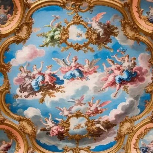 Prompt: A large rococo style ceiling fresco but all the people are frogs. The frogs are dressed in flowing fabrics and some have angel wings. It has beautiful blue and pink hues that make it feel dreamy and warm. The sky is blue the clouds are pink. 