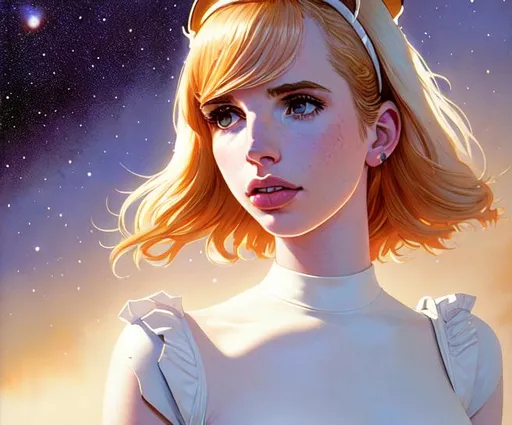 Prompt: splash art of {emma roberts}, wearing milky way dress, hyperrealistic, perfect composition, super detailed, sharp focus , UDR, 64k, by Ralph McQuarrie