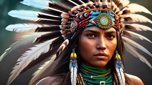 Prompt: female native american with ultra realistic hyper detailed face, black hair green eyes wearing a bright and colorful warrior head dress of feathers and beads, hyper realistic, cinematic, 8k
