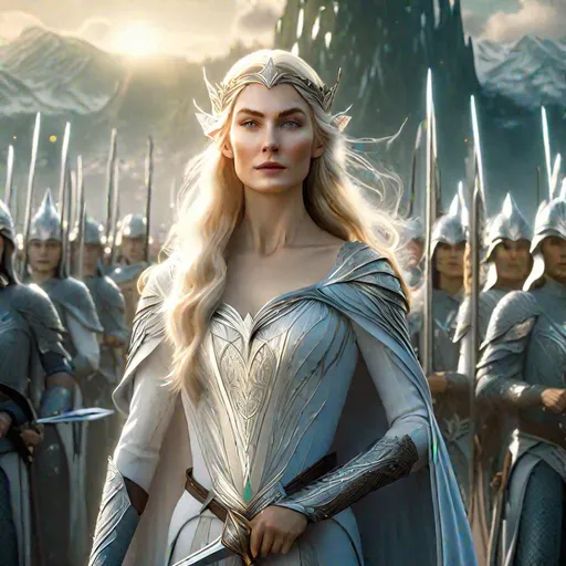 Prompt: realistic photo of magnificent Galadriel, holding her glorious sword, surrounded by elven soldiers, battlefield in the background, 4k, highly detailed, intricate details, 