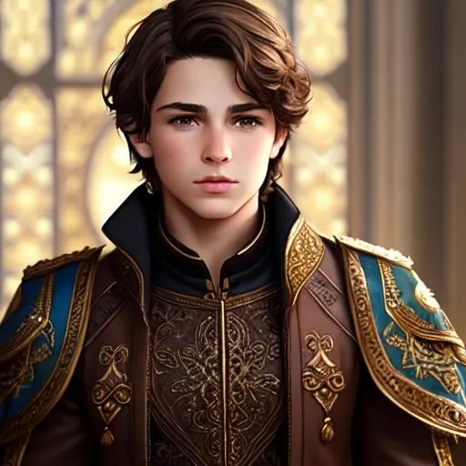 Prompt: 15 year old boy, brown hair, by Jodie Muir. Brown eyes. Light-skinned. Rosy cheeks, 
masculine characteristics. Round face shape. short brown hair. LEON S. KENNEDY young man with fringed choppy face | wearing byzantine gown | ultra-fine details, intricate scene, ambient lighting, soft glow, elegant, 16, symmetrical facial features, accurate anatomy, sharp focus, final fantasy cgi still, artgerm, taken on nikon d750, scenic, gossamer, iridescent, ethereal, auroracore, vaporwave, splash art, pixiv, tumblr instagram