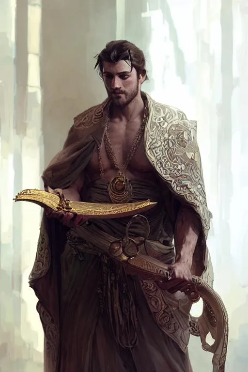 Prompt: temple cleric, healer, masculine, beautiful, handsome, fit, male body, intricate, highly detailed, digital painting, artstation, concept art, sharp focus, illustration, art by greg rutkowski and alphonse mucha