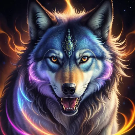 Prompt: insanely beautiful (wolf), ancient, celestial guardian, quadrupedal canine, growling, glaring, global illumination, psychedelic colors, illusion, finely detailed, calm, detailed face, beautiful detailed eyes, beautiful defined detailed legs, beautiful detailed shading, stunning, hyper detailed face, hyper detailed eyes, masterpiece, professional oil painting, epic digital art, best quality, slender, highly detailed body, (lightning halo), tilted halo, {body crackling with lightning}, billowing wild fur, dense billowing mane, lilac magic fur highlights, majestic wolf queen, magic jewels on forehead, lightning blue eyes, flaming eyes, ice elements, {auroras} fill the sky, {ice storm}, crackling lightning, (lightning halo), tilted halo, corona behind head, highly detailed pastel clouds, lightning charged atmosphere, full body focus, presenting magical jewel, beautifully detailed background, cinematic, Yuino Chiri, Anne stokes, Kentaro Miura, 64K, UHD, intricate detail, high quality, high detail, golden ratio, symmetric, masterpiece, intricate facial detail, high quality, detailed face, intricate quality, intricate eye detail, highly detailed, high resolution scan, intricate detailed, highly detailed face, very detailed, high resolution, medium close up, close up