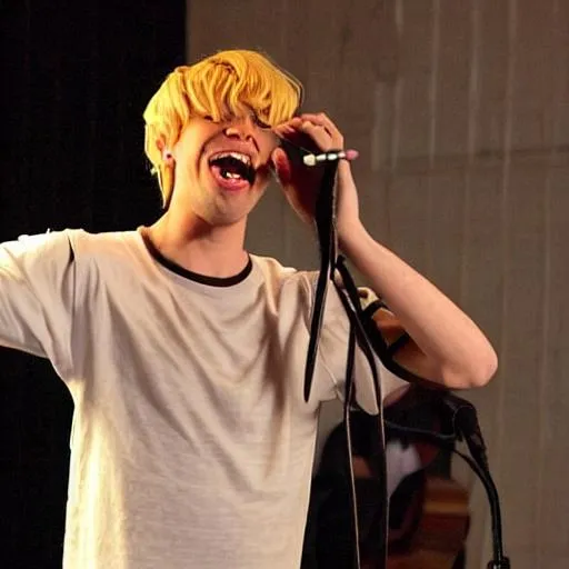 Prompt: Matthew with blond hair singing