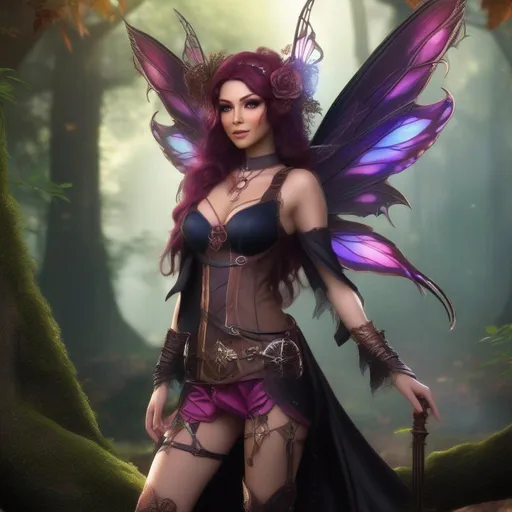 Prompt: ((Epic)). ((Cinematic)). Shes a colorful, Steam Punk, gothic, witch. ((distinct)) Winged fairy, with a skimpy, ((colorful)), gossamer, flowing outfit, standing in a forest by a village. ((Wide angle)). Detailed Illustration. 8k.  Full body in shot. Hyper real painting. Photo real. A ((beautiful)), very shapely, woman with ((anatomically real hands)), and ((vivid)) colorful, ((bright)) eyes. A ((pristine)) Halloween night. (Concept style art). 
