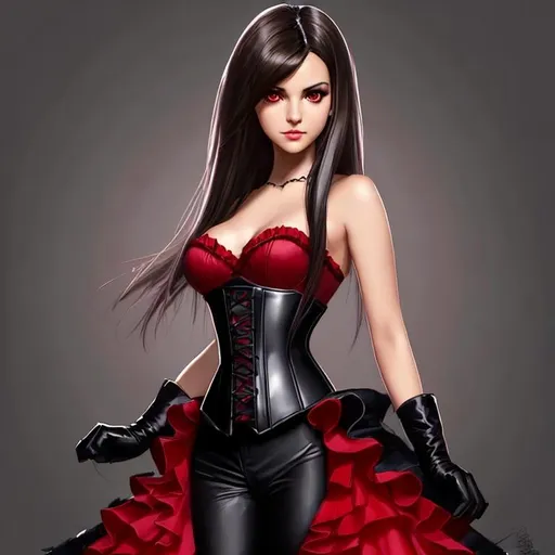 Prompt: hyper realistic, full body shot, digital painting of a single cute woman that looks like Victoria Justice with ((red eyes)) and ((dark brown hair)) in a ((mid part layered hair style)) who is fit in a ((fighting pose)) wearing a black corset, vampire vibes Trending on art station, HD quality. 