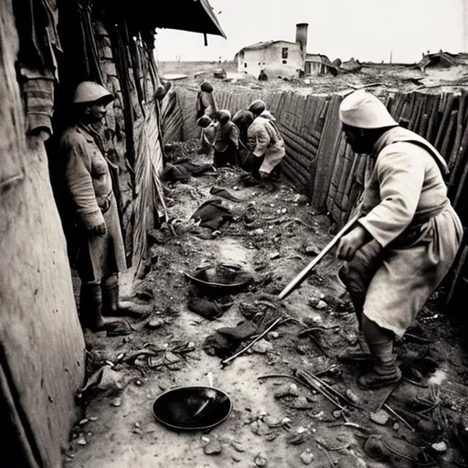 Prompt:  trench warfare, poverty, chef, dining, cooking