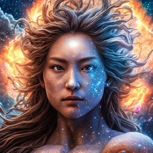 Prompt: (extremely detailed) (hyper realistic) (sharp detailed) (cinematic shot) (masterpiece)female god, extremely face detailed, supernova explosion,  centered,selfie pose, fullbody view, moonlight,  extraordinary shot, night sky, mountains, river, stars, nebula ,clouds, stunning beauty, 3D illustration, high resolution, reflactions.