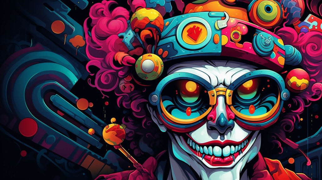 Prompt: a cartoon of a clown in colorful mask, in the style of surreal cyberpunk iconography, chris dyer, cody ellingham, dmitry spiros, neon color palette, layered portraits, monochromatic depth