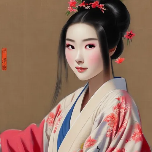 Prompt: Portrait of a young pretty Asian lady in kimono in love