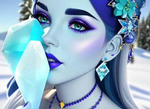 Prompt: GeminiTay, Heavy snow, Giant Blue Orb in Sky, Long Straight Blue hair, Ice crystal tiara with Green Flowers, Thick bushy blue eyebrows, medium sized nose, plump diamond shape face,  Blue lips, ethereal blue eyes, Triangle Star earrings, soft ears, Large blue plastic chain around neck, Blue heart necklaces, Purple candy shaped rings, Large blue fur coat with armor underneath. Scaley gloves. Long Blue Skirt with moons.