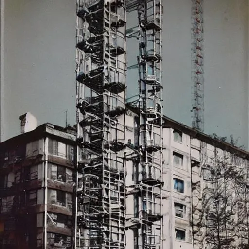 Prompt: depressing, brutalism, small house on top of tall scaffolding, in the sky, polaroid photography, with faded colours
