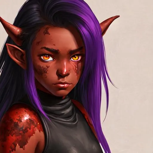 Prompt: Portrait of a beautiful, shy, sad, innocent, young adolescent tiefling girl, very dark ash skin, fiery eyes, tattered leather armor, daggers emit a purple glow