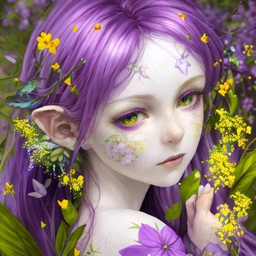 Prompt: fairy goddess of spring, pale skin,surrounded by vividly colored purple and yellow wildflowers,closeup
