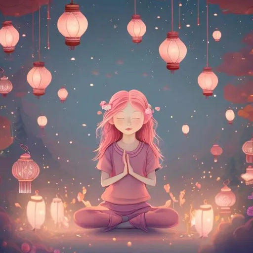 Prompt: little girl with rose gold pinkish hair and meditating with lanterns colorful storybook illustrations 