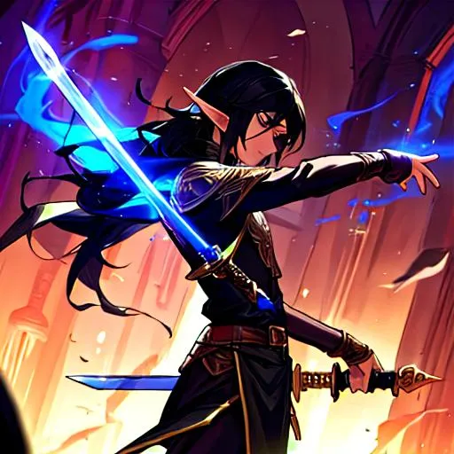 Prompt: A slim built half elf male fighter sorcerer dnd fantasy black hair with a long sword