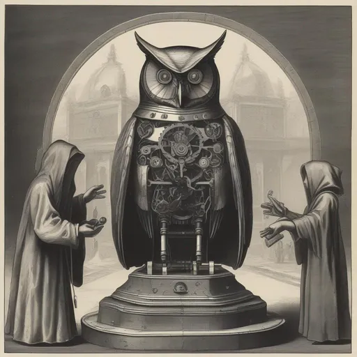 Prompt: A mechanical clockwork Owl being worshipped by hooded people