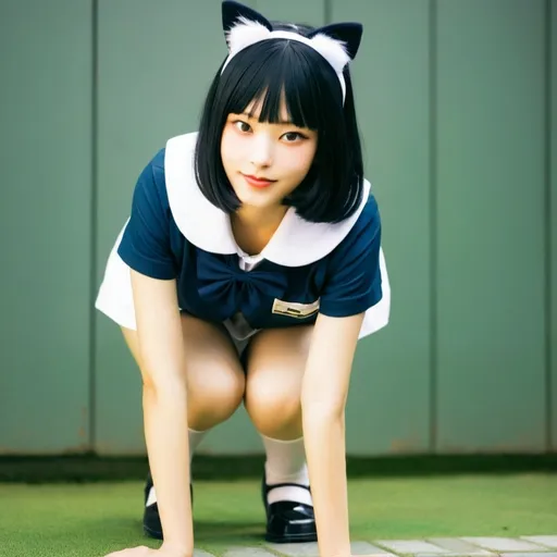 Prompt: newjeans haerin wearing cat ears, small japanese school uniform, bending over on all fours,