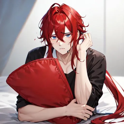 Prompt: Zerif 1male (Red side-swept hair covering his right eye) devastated, heartbroken, casual wear