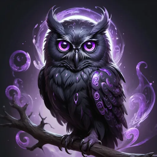 Prompt: transparent magic ghostly black owl, two purple kind eyes, purple ghostly swirls all around , masterpiece, Character Design art. Concept Art. Digital Art. 4k HD. Trending on artstation. 