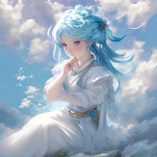 Prompt: pretty lady with blue hair, white dress, sat on a cloud, style of  Koei Tecmo