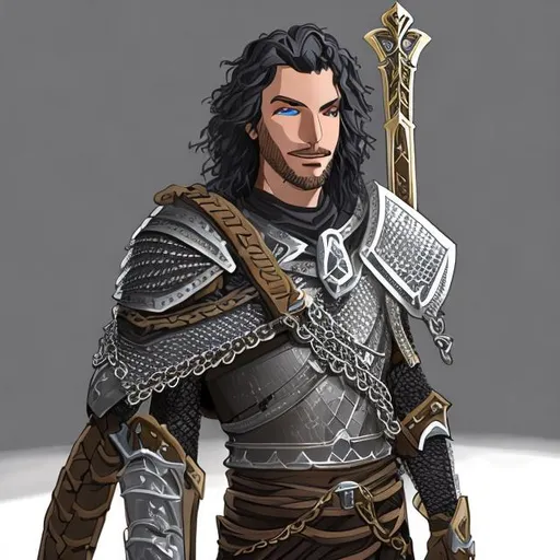 Prompt: A 5 ft 11, white hair, blue eyes, dark tan paladin with stubble facial hair and chain mail armor and a simple long sword 