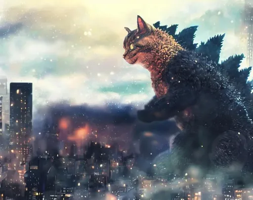 Prompt: giant cute Cat Godzilla hybrid destroying a city, cat face!,  kawaii,  Godzilla body , digital art, highly detailed, intricate, wide angle