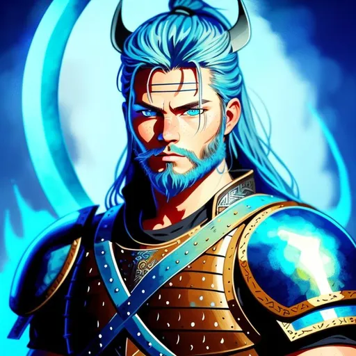 Prompt: 2D illustration of a viking warrior, digital art style, rule of thirds depth of field intricate details, deep blue eyes, glowing eyes, stoic, magical, mage,

Wearing viking armor

Glowing outlines, glowing turquoise background, manwha art style