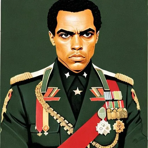 Prompt: Portrait of huey newton as a german military fascist leader with red black green military badges and medals and african mask, well decorated, 5 star general