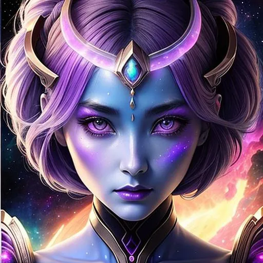 Prompt: Female alien-Cosmic Epic Beautiful Nebula (Beautiful melancholy {goddess}female liquid satin}, Beautiful