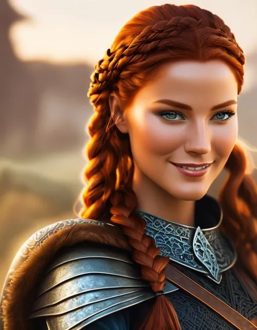 Prompt: highest quality stylized viking woman masterpiece, red hair, award-winning 3d oil painting art, perfect anatomy in perfect composition, long shot, hyper-realistic photography, intricate, 64k, UHD, HDR, (intricate eyes), extraordinary lips, smile, gorgeous eyelashes, highly detailed face, hyper-realistic facial features, cinematic 3d volumetric, dramatic lighting with backlit backlight, by Julia Razumova
