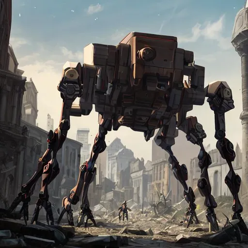 Prompt: giant three legged tripod robots wandering ruined city