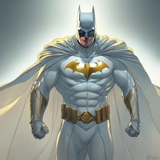 Prompt: Digital illustration. Concept art. 4k. White and gold batman. Super rich. Super clean. Super detailed. Perfect lighting