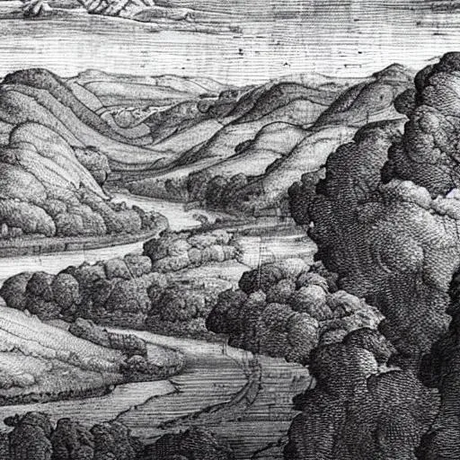 Prompt: a river valley, in Leonardo da Vinci's style