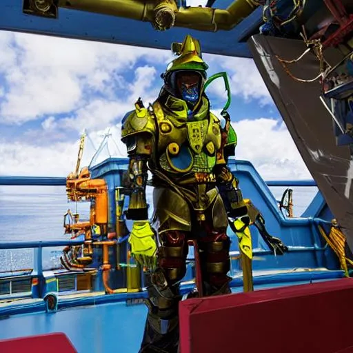 Prompt: a character wearing a armor with a lot of details, with fluo colored details, muted colors, hyper real painting on the upper deck of an FPSO (Floating Production Storage and Offloading) 