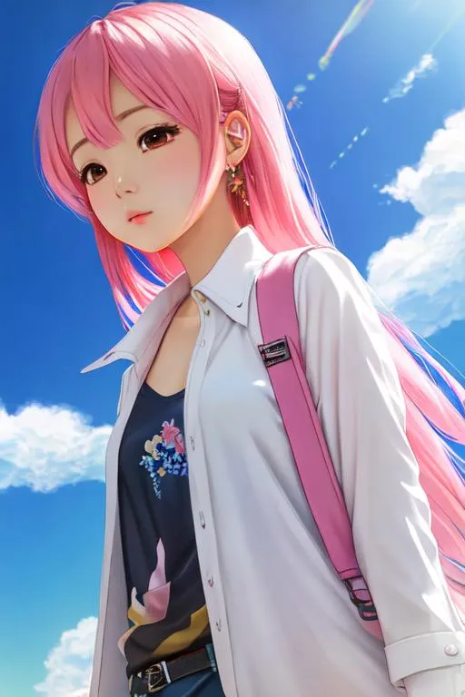 Prompt: korean girl with pink hair, in light clothing, pastels, style artist oyari ashito, against the sky, sunny day, portrait, serenity, innocence, manga graphics, anime, drawing, light exposure, highlights, highest quality, highest detail, first-person view, light tones, Natural Lighting, Clouds --q 2 --ar 9:16